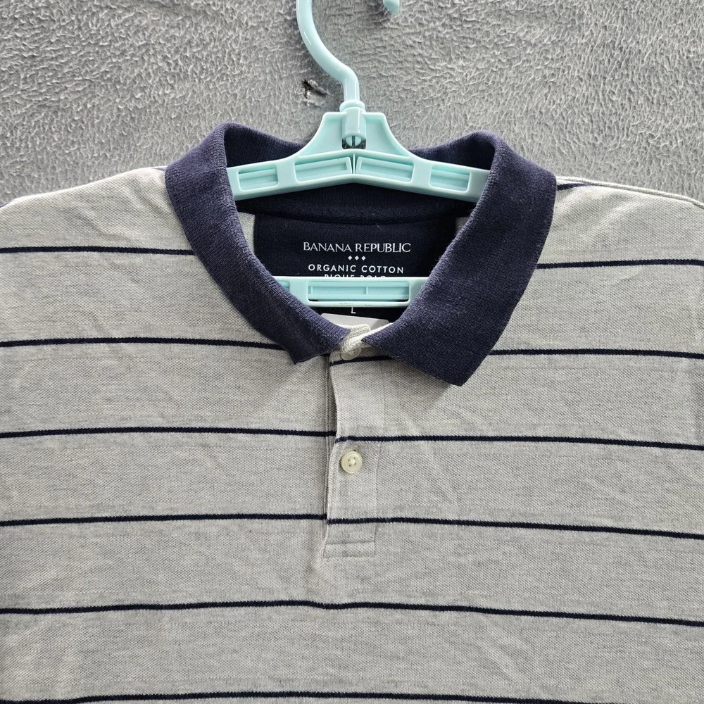 Banana Republic Men Polo L Gray Navy Striped Organic Cotton Short Sleeve